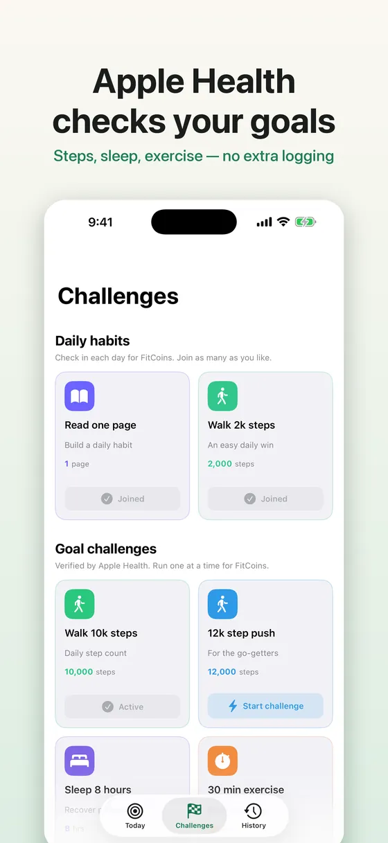 Daily habits and goal challenges to choose from