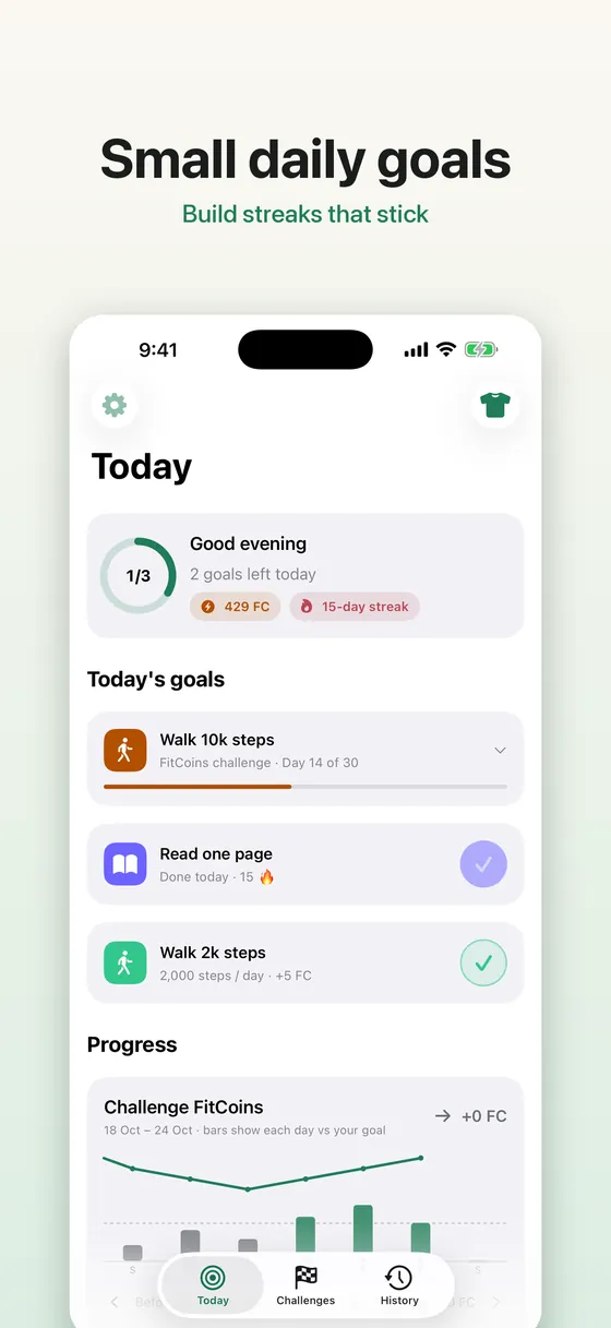 Today screen with small daily goals and a streak
